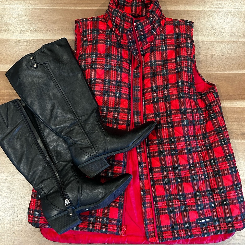 Red Plaid Tartan Lands End Puffer Vest